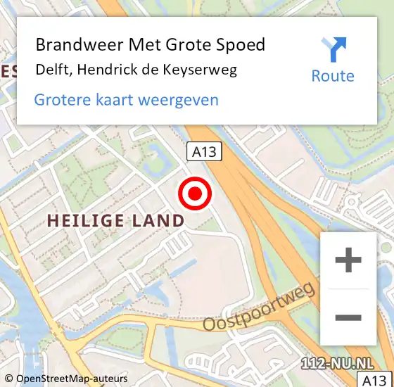 Locatie op kaart van de 112 melding: Brandweer Met Grote Spoed Naar Delft, Hendrick de Keyserweg op 11 februari 2024 22:40