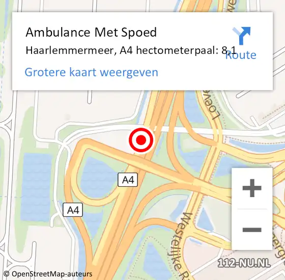 Locatie op kaart van de 112 melding: Ambulance Met Spoed Naar Haarlemmermeer, A4 hectometerpaal: 8,1 op 12 februari 2024 08:20