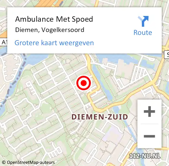 Locatie op kaart van de 112 melding: Ambulance Met Spoed Naar Diemen, Vogelkersoord op 12 februari 2024 08:41