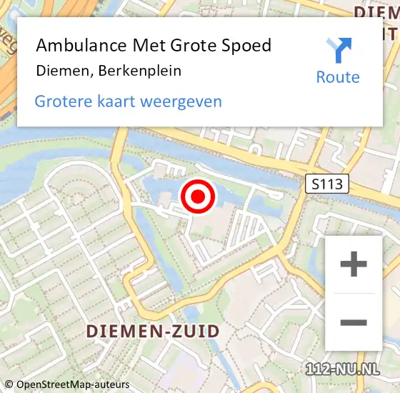 Locatie op kaart van de 112 melding: Ambulance Met Grote Spoed Naar Diemen, Berkenplein op 12 februari 2024 09:11