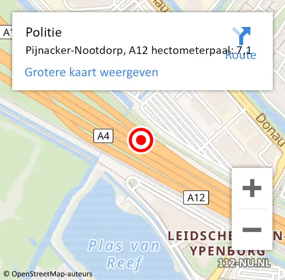 Locatie op kaart van de 112 melding: Politie Pijnacker-Nootdorp, A12 hectometerpaal: 7,1 op 12 februari 2024 10:17