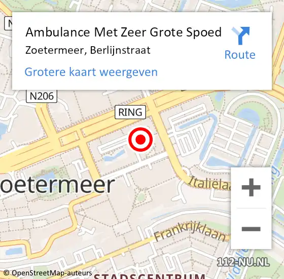 Locatie op kaart van de 112 melding: Ambulance Met Zeer Grote Spoed Naar Zoetermeer, Berlijnstraat op 12 februari 2024 11:11