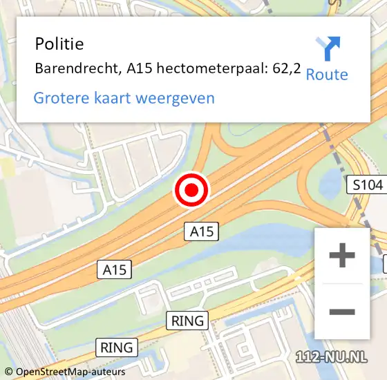Locatie op kaart van de 112 melding: Politie Barendrecht, A15 hectometerpaal: 62,2 op 12 februari 2024 12:10