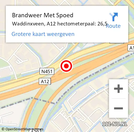 Locatie op kaart van de 112 melding: Brandweer Met Spoed Naar Waddinxveen, A12 hectometerpaal: 26,5 op 12 februari 2024 12:30