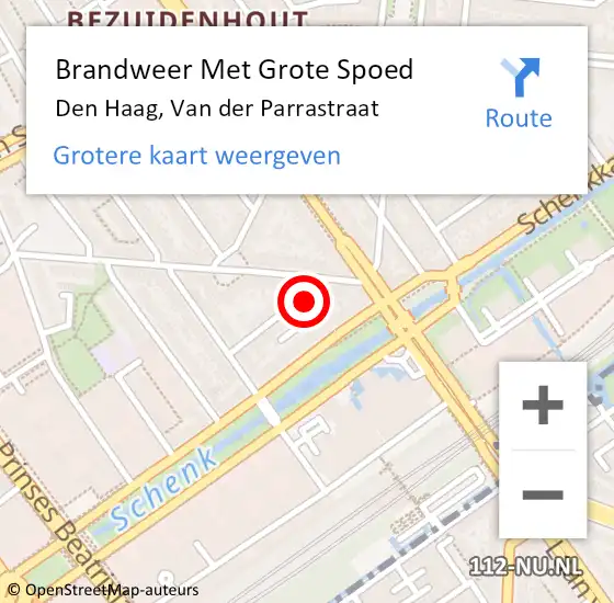Locatie op kaart van de 112 melding: Brandweer Met Grote Spoed Naar Den Haag, Van der Parrastraat op 12 februari 2024 13:48