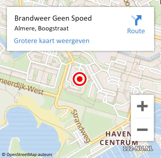 Locatie op kaart van de 112 melding: Brandweer Geen Spoed Naar Almere, Boogstraat op 12 februari 2024 13:54