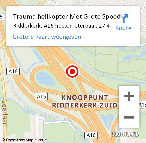 Locatie op kaart van de 112 melding: Trauma helikopter Met Grote Spoed Naar Ridderkerk, A16 hectometerpaal: 27,4 op 12 februari 2024 15:34