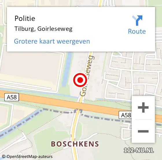 Locatie op kaart van de 112 melding: Politie Tilburg, Goirleseweg op 12 februari 2024 18:02