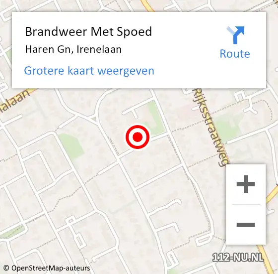 Locatie op kaart van de 112 melding: Brandweer Met Spoed Naar Haren Gn, Irenelaan op 12 februari 2024 18:15