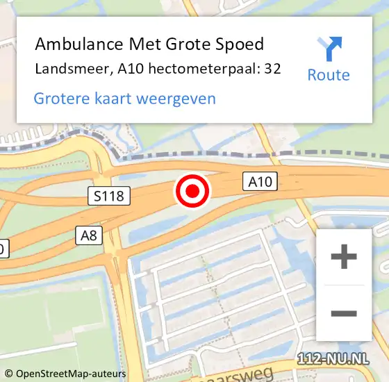 Locatie op kaart van de 112 melding: Ambulance Met Grote Spoed Naar Landsmeer, A10 hectometerpaal: 32 op 12 februari 2024 18:56