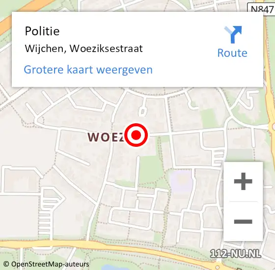 Locatie op kaart van de 112 melding: Politie Wijchen, Woeziksestraat op 12 februari 2024 19:23
