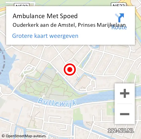 Locatie op kaart van de 112 melding: Ambulance Met Spoed Naar Ouderkerk aan de Amstel, Prinses Marijkelaan op 12 februari 2024 19:23