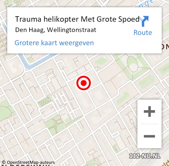 Locatie op kaart van de 112 melding: Trauma helikopter Met Grote Spoed Naar Den Haag, Wellingtonstraat op 12 februari 2024 20:35