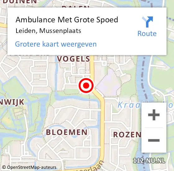 Locatie op kaart van de 112 melding: Ambulance Met Grote Spoed Naar Leiden, Mussenplaats op 13 februari 2024 00:01