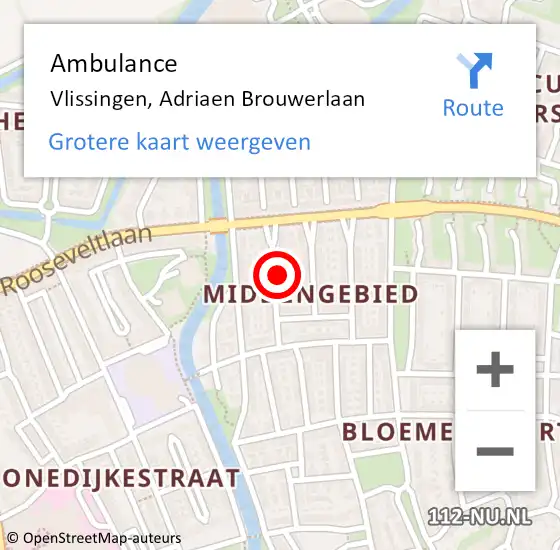 Locatie op kaart van de 112 melding: Ambulance Vlissingen, Adriaen Brouwerlaan op 13 februari 2024 00:11