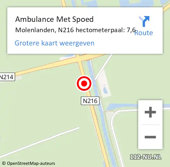 Locatie op kaart van de 112 melding: Ambulance Met Spoed Naar Molenlanden, N216 hectometerpaal: 7,6 op 13 februari 2024 06:42
