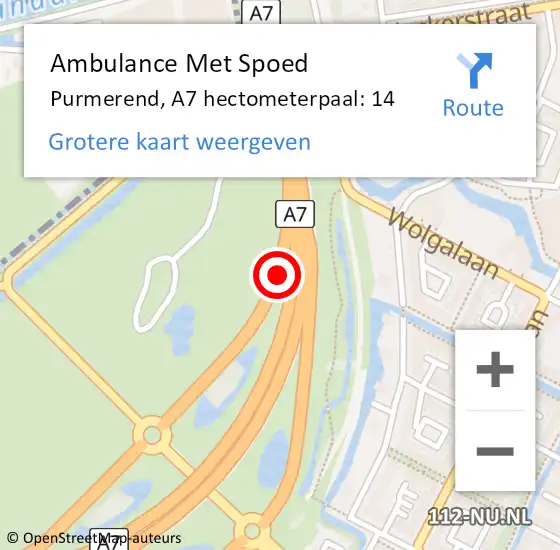 Locatie op kaart van de 112 melding: Ambulance Met Spoed Naar Purmerend, A7 hectometerpaal: 14 op 13 februari 2024 06:47