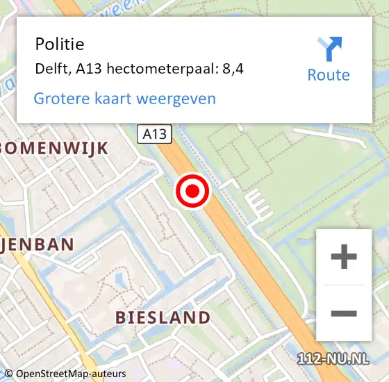 Locatie op kaart van de 112 melding: Politie Delft, A13 hectometerpaal: 8,4 op 13 februari 2024 08:12