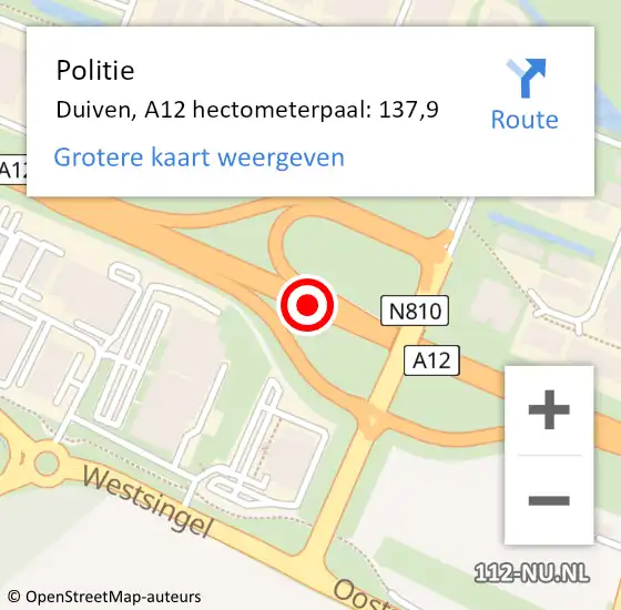 Locatie op kaart van de 112 melding: Politie Duiven, A12 hectometerpaal: 137,9 op 13 februari 2024 08:45