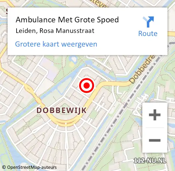 Locatie op kaart van de 112 melding: Ambulance Met Grote Spoed Naar Leiden, Rosa Manusstraat op 13 februari 2024 08:58