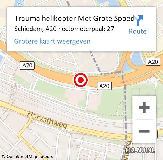 Locatie op kaart van de 112 melding: Trauma helikopter Met Grote Spoed Naar Schiedam, A20 hectometerpaal: 27 op 13 februari 2024 10:36