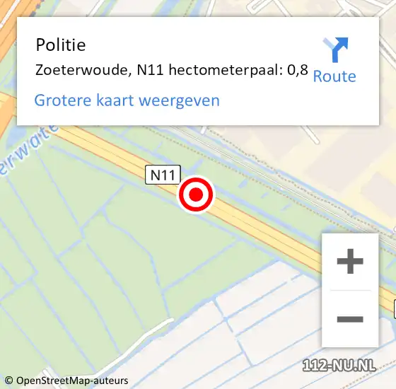 Locatie op kaart van de 112 melding: Politie Zoeterwoude, N11 hectometerpaal: 0,8 op 13 februari 2024 13:44