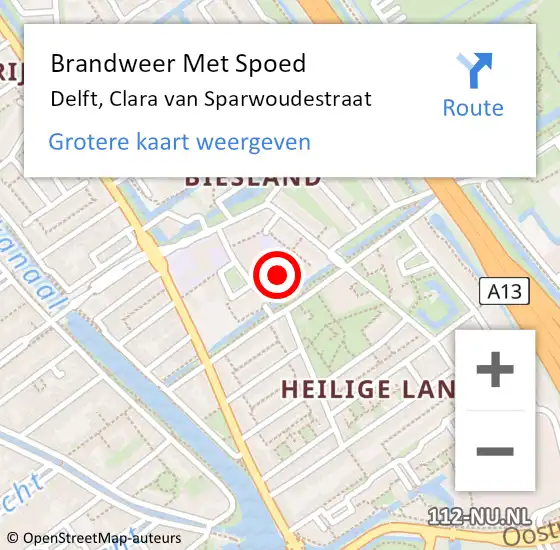 Locatie op kaart van de 112 melding: Brandweer Met Spoed Naar Delft, Clara van Sparwoudestraat op 13 februari 2024 15:52