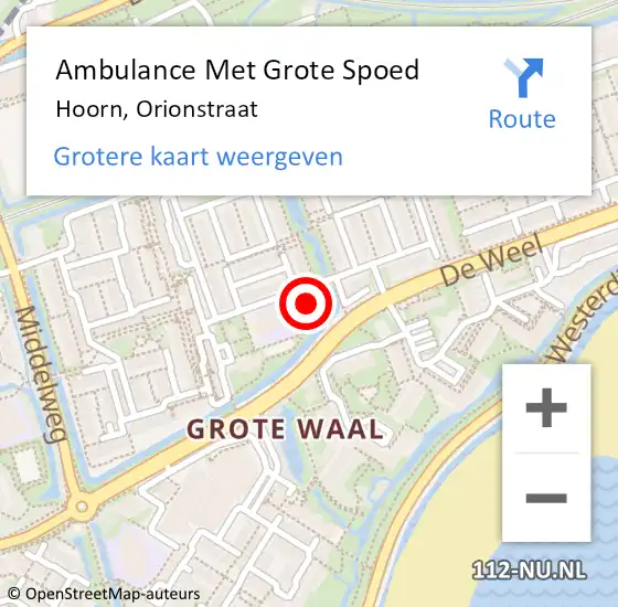 Locatie op kaart van de 112 melding: Ambulance Met Grote Spoed Naar Hoorn, Orionstraat op 13 februari 2024 16:16