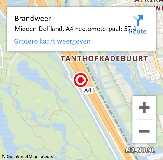 Locatie op kaart van de 112 melding: Brandweer Midden-Delfland, A4 hectometerpaal: 57,4 op 13 februari 2024 16:20