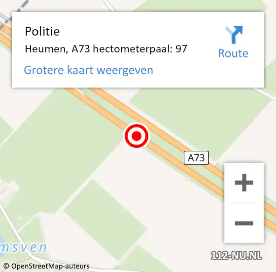 Locatie op kaart van de 112 melding: Politie Heumen, A73 hectometerpaal: 97 op 13 februari 2024 18:54