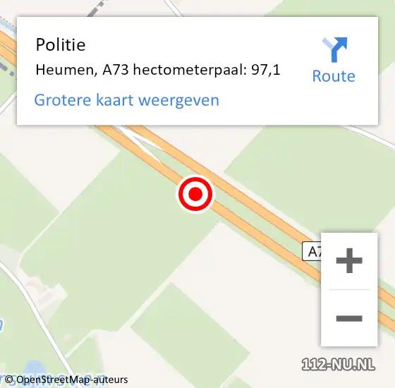 Locatie op kaart van de 112 melding: Politie Heumen, A73 hectometerpaal: 97,1 op 13 februari 2024 18:54