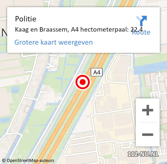 Locatie op kaart van de 112 melding: Politie Kaag en Braassem, A4 hectometerpaal: 22,4 op 13 februari 2024 21:07