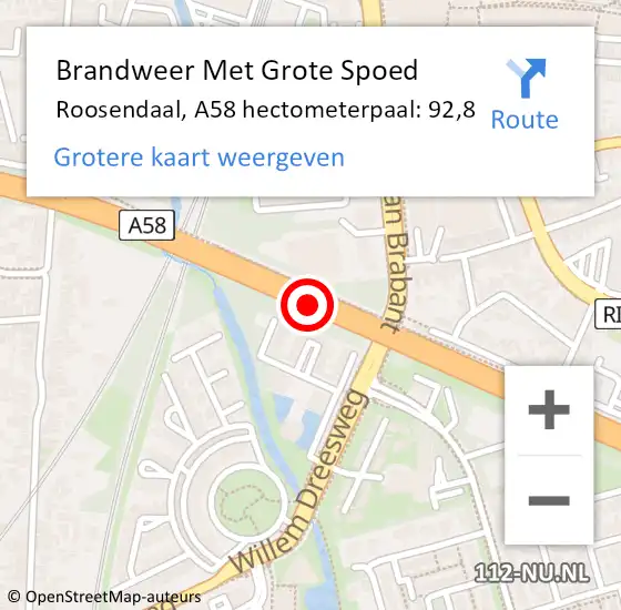 Locatie op kaart van de 112 melding: Brandweer Met Grote Spoed Naar Roosendaal, A58 hectometerpaal: 92,8 op 14 februari 2024 07:07