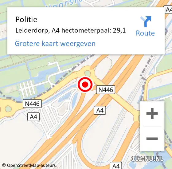 Locatie op kaart van de 112 melding: Politie Leiderdorp, A4 hectometerpaal: 29,1 op 14 februari 2024 08:22