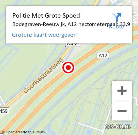 Locatie op kaart van de 112 melding: Politie Met Grote Spoed Naar Bodegraven-Reeuwijk, A12 hectometerpaal: 33,9 op 14 februari 2024 08:23