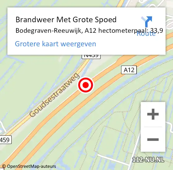 Locatie op kaart van de 112 melding: Brandweer Met Grote Spoed Naar Bodegraven-Reeuwijk, A12 hectometerpaal: 33,9 op 14 februari 2024 08:24