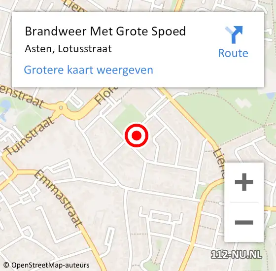 Locatie op kaart van de 112 melding: Brandweer Met Grote Spoed Naar Asten, Lotusstraat op 14 februari 2024 09:00