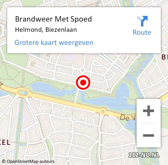 Locatie op kaart van de 112 melding: Brandweer Met Spoed Naar Helmond, Biezenlaan op 14 februari 2024 11:14