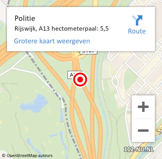 Locatie op kaart van de 112 melding: Politie Rijswijk, A13 hectometerpaal: 5,5 op 14 februari 2024 12:02