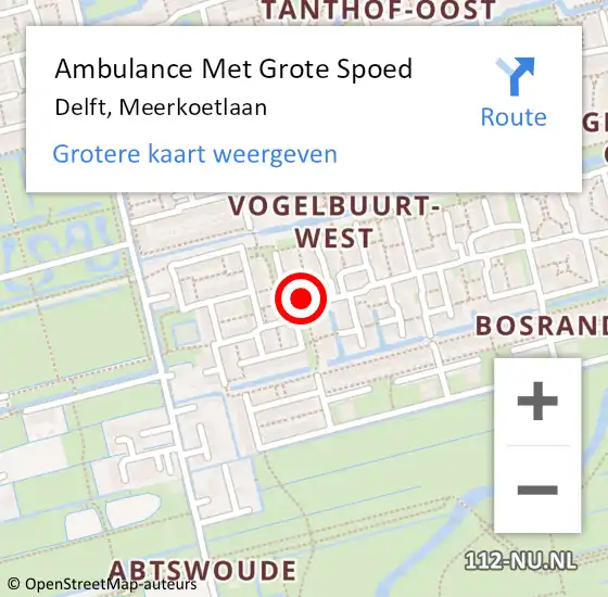 Locatie op kaart van de 112 melding: Ambulance Met Grote Spoed Naar Delft, Meerkoetlaan op 14 februari 2024 13:05