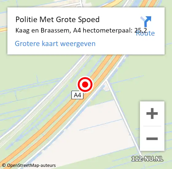 Locatie op kaart van de 112 melding: Politie Met Grote Spoed Naar Kaag en Braassem, A4 hectometerpaal: 25,2 op 14 februari 2024 13:46
