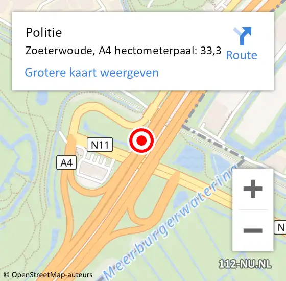 Locatie op kaart van de 112 melding: Politie Zoeterwoude, A4 hectometerpaal: 33,3 op 14 februari 2024 13:49