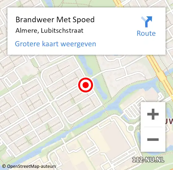 Locatie op kaart van de 112 melding: Brandweer Met Spoed Naar Almere, Lubitschstraat op 14 februari 2024 13:54