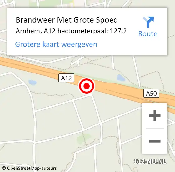 Locatie op kaart van de 112 melding: Brandweer Met Grote Spoed Naar Arnhem, A12 hectometerpaal: 127,2 op 14 februari 2024 14:52