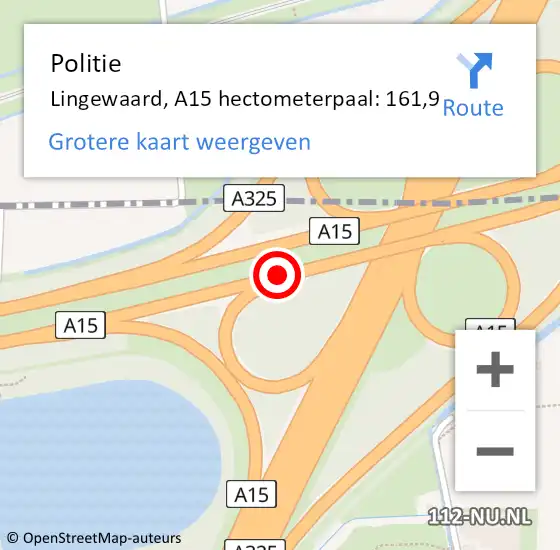 Locatie op kaart van de 112 melding: Politie Lingewaard, A15 hectometerpaal: 161,9 op 14 februari 2024 17:04