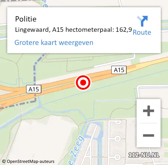 Locatie op kaart van de 112 melding: Politie Lingewaard, A15 hectometerpaal: 162,9 op 14 februari 2024 17:05