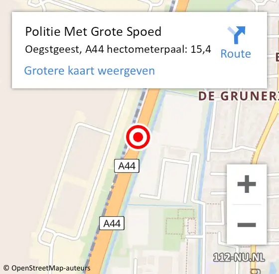 Locatie op kaart van de 112 melding: Politie Met Grote Spoed Naar Oegstgeest, A44 hectometerpaal: 15,4 op 14 februari 2024 17:14