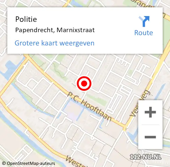 Locatie op kaart van de 112 melding: Politie Papendrecht, Marnixstraat op 14 februari 2024 17:44