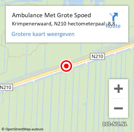 Locatie op kaart van de 112 melding: Ambulance Met Grote Spoed Naar Krimpenerwaard, N210 hectometerpaal: 8,8 op 14 februari 2024 18:08