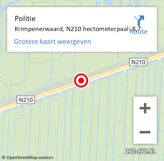 Locatie op kaart van de 112 melding: Politie Krimpenerwaard, N210 hectometerpaal: 8,7 op 14 februari 2024 18:13